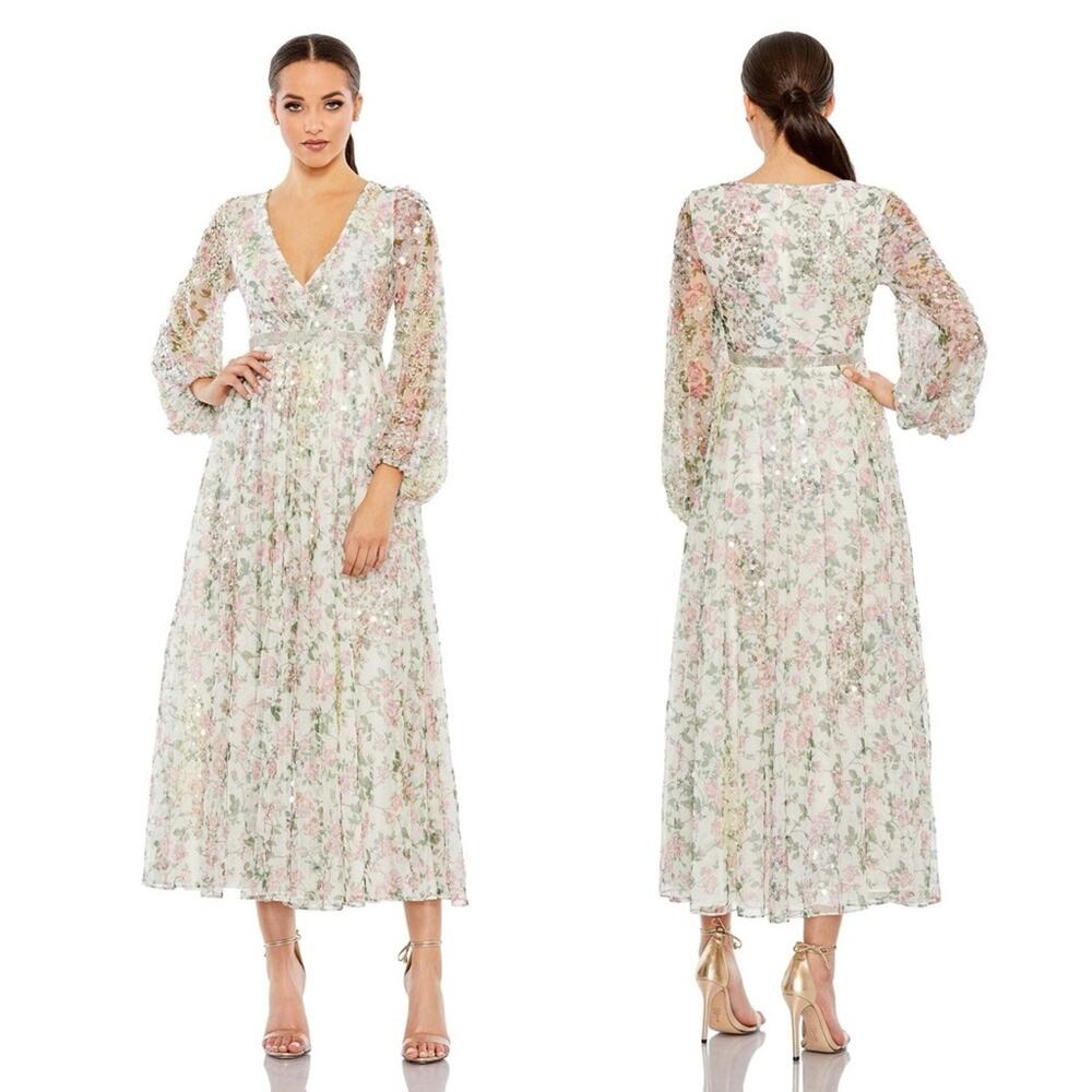 MAC DUGGAL White Embellished Floral Print Faux Wrap A Line Dress size 8 NWT
